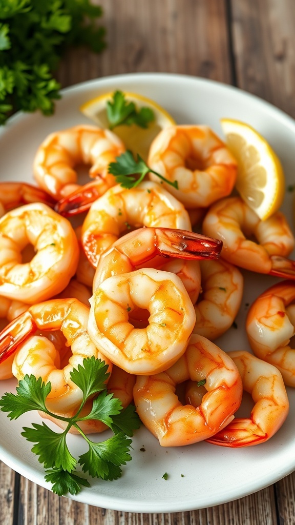 Low-Calorie Air Fryer Shrimp Recipe Air fryer shrimp garnished with parsley and lemon on a rustic wooden table.